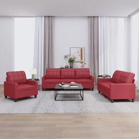 Set de canapele cu perne, 3 piese, roșu vin, piele ecologică