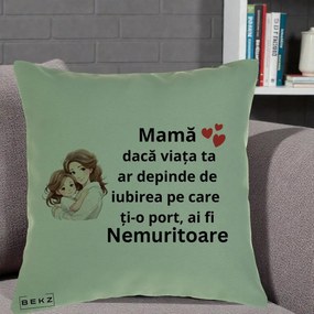 Cadou pentru Mama - Perna Personalizata Mama Nemuritoare cu Balon Inima, 40x40 cm, Verde, Husa Detasabila, Perna Inclusa, BEKZ®