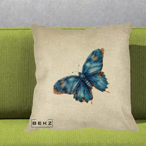 Perna Decorativa Fluture Albastru Satin cu Pete Aurii, 40x40 cm, Crem, Husa Detasabila, Perna Inclusa, BEKZ®