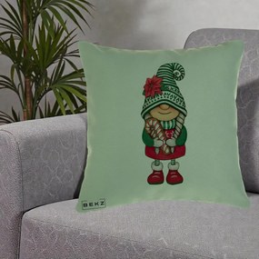 Perna Decorativa Gnom Craciun Verde cu Bomboane si Floare, 40x40 cm, Verde, Husa Detasabila, Perna Inclusa, BEKZ®