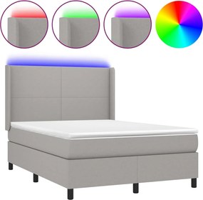 vidaXL Pat cu arcuri, saltea și LED, gri deschis, 140x190 cm, textil