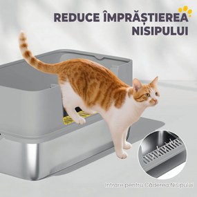 PawHut Litieră pentru Pisici Închisă din Oțel Inoxidabil XL cu Lopățică și Laterale Înalte, Gri | Aosom Romania