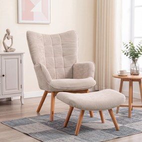 HOMCOM Fotoliu cu Taburet pentru Cameră sau Living din Catifea cu Model Crestat , Spătar Înalt și Brațe, 72x80x101 cm, Bej | Aosom Romania