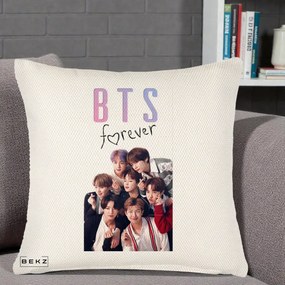 Perna Personalizata K-pop BTS Forever cu Foto Grup Negru, 40x40 cm, Crem Reliefat, Husa Detasabila, Perna Inclusa, BEKZ®