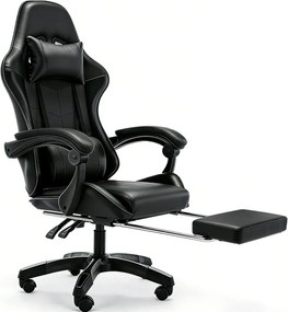 Scaun gaming, Masaj în perna lombară, Rabatabil 90-145°, Suport picioare, piele PU, Negru