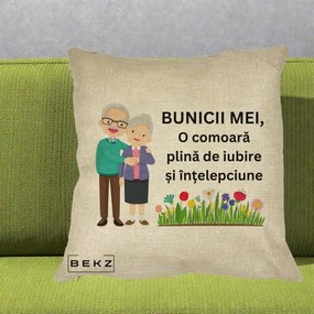 Cadou pentru Bunici - Perna Personalizata Bunicii Mei Comoara Cuplu Senior cu Flori Colorat, 40x40 cm, Crem, Husa Detasabila, Perna Inclusa, BEKZ®