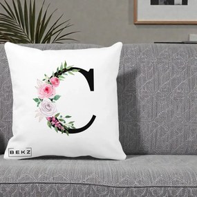 Cadou Personalizat - Perna Personalizata Monograma Florala Litera C, 40x40 cm, Alba Mata, Husa Detasabila, Perna Inclusa, BEKZ®
