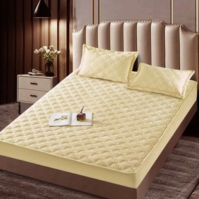 Husa de pat matlasata si 2 fete de perne din catifea, cu elastic, model tip topper, pentru saltea 140x200 cm, crem, HTC-24
