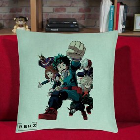 Perna Personalizata My Hero Academia Izuku Deku si Echipa, 40x40 cm, Verde Menta, Husa Detasabila, Perna Inclusa, BEKZ®