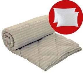 Set pilota iarna, umplutura lana, material damasc policoton, 200x220cm, matlasata, bej, Pucioasa cu 2 perne, matlasate, antialergice, 50x70cm, albe, Pucioasa