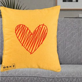 Perna Decorativa Inima Rosie Desen Manual, 40x40 cm, Galben, Husa Detasabila, Perna Inclusa, BEKZ®