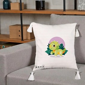 Perna Decorativa Triceratops Kawaii Verde, 40x40 cm, Bej cu Franjuri, Husa Detasabila, Perna Inclusa, BEKZ®