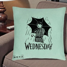 Perna Personalizata Wednesday cu Umbrela Ploaie Lineart, 40x40 cm, Verde Menta, Husa Detasabila, Perna Inclusa, BEKZ®