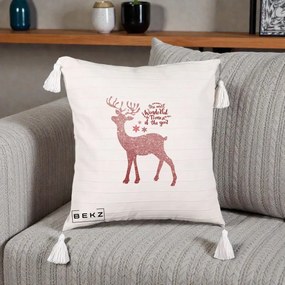 Perna Decorativa Ren de Craciun Glitter Rosu, 40x40 cm, Bej cu Franjuri, Husa Detasabila, Perna Inclusa, BEKZ®