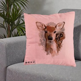 Perna Decorativa Caprioara Pui Acuarela, 40x40 cm, Roz, Husa Detasabila, Perna Inclusa, BEKZ®