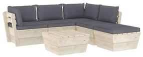 Set mobilier gradina din paleti cu perne, 6 piese, lemn molid Antracit, 2x colt + 2x mijloc + suport pentru picioare + masa, 1