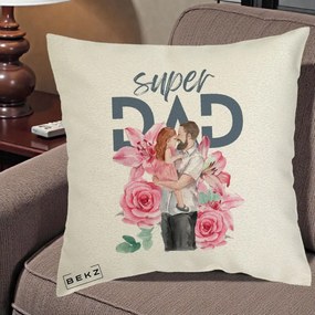 Cadou pentru Tata - Perna Personalizata Super Dad Tata cu Fetita si Flori, 40x40 cm, Ecru, Husa Detasabila, Perna Inclusa, BEKZ®