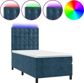 vidaXL Pat cu arcuri, saltea și LED, bleumarin, 90x190 cm, catifea