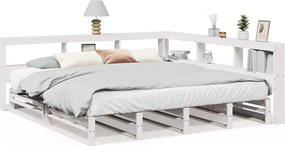 vidaXL Pat cu bibliotecă fără saltea, alb, 200x200 cm, lemn masiv pin