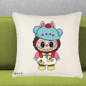 Perna Personalizata Labubu x Urs Albastru Colorat, 40x40 cm, Crem Reliefat, Husa Detasabila, Perna Inclusa, BEKZ®