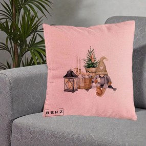 Perna Decorativa Gnom Scandinav cu Felinar, 40x40 cm, Roz, Husa Detasabila, Perna Inclusa, BEKZ®