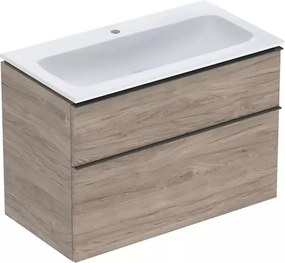 Set dulap baza suspendat Geberit iCon finisaj nuc Hickory 2 sertare si lavoar 90 cm alb
