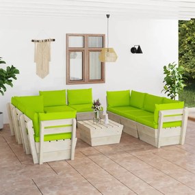 Set mobilier gradina din paleti, 9 piese, cu perne, lemn de molid verde aprins, 4x colt + 4x mijloc + masa, 1