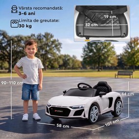 AIYAPLAY Mașină Electrică pentru Copii 12 V Audi R8 Spyder, 3+ Ani, 3-5 km/h, 2 Motoare și Telecomandă, Albă | Aosom Romania