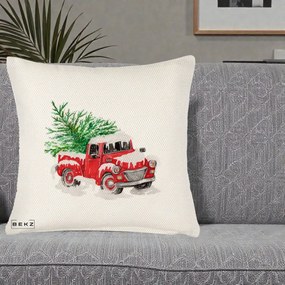 Perna Decorativa Camioneta Rosie Brad de Craciun, 40x40 cm, Crem Reliefat, Husa Detasabila, Perna Inclusa, BEKZ®