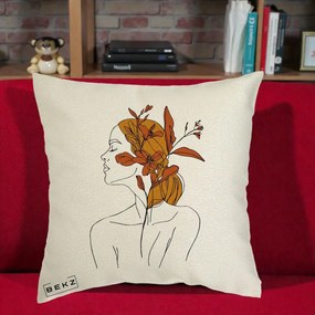 Perna Decorativa Portret Feminin Crin Ruginiu Auriu, 40x40 cm, Ecru, Husa Detasabila, Perna Inclusa, BEKZ®