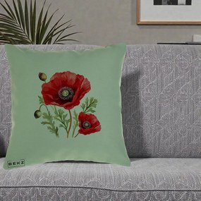 Perna Decorativa Maci Rosii Acuarela, 40x40 cm, Verde, Husa Detasabila, Perna Inclusa, BEKZ®