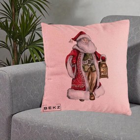 Perna Decorativa Mos Craciun Vintage cu Felinar, 40x40 cm, Roz, Husa Detasabila, Perna Inclusa, BEKZ®