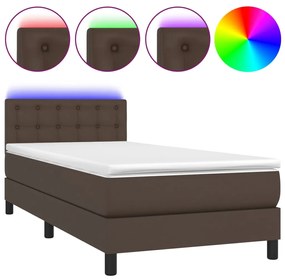 3134192 vidaXL Pat continental cu saltea și LED, maro, 80x200 cm, piele eco