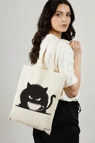 Sacosa de Panza pentru Cumparaturi, Geanta Tote, model Caffeine Cat 27 38 x 34.5 cm, Alba, BEKZ®