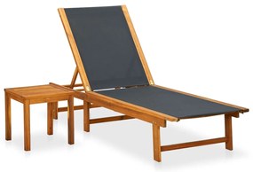 vidaXL Șezlong de plajă cu masă, lemn masiv de acacia &amp;amp; textilenă