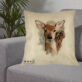 Perna Decorativa Caprioara Pui Acuarela, 40x40 cm, Crem, Husa Detasabila, Perna Inclusa, BEKZ®