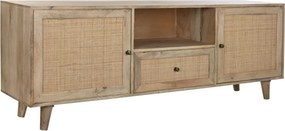 Comodă TV living din lemn de mango, natur, cu 2 uși din ratan împletit, 1 sertar și nișă deschisă, 64 x 180 x 40 cm, „Pornic”