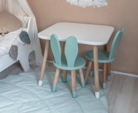 Set masuta patrata alba si 2 scaunele iepuras mint