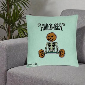 Perna Decorativa Halloween Schelet cu Cap de Dovleac Powerlifting, 40x40 cm, Verde Menta, Husa Detasabila, Perna Inclusa, BEKZ®