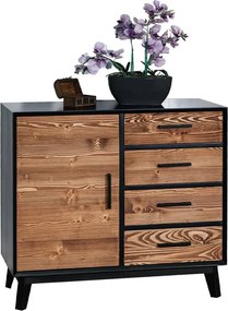 Comodă lemn masiv Timeless 4 Sertare 1 Ușă Negru, 98 × 45 × 85 cm