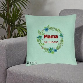 Cadou pentru Mama - Perna Personalizata Mama Te Iubesc Flori Albastre, 40x40 cm, Verde Menta, Husa Detasabila, Perna Inclusa, BEKZ®