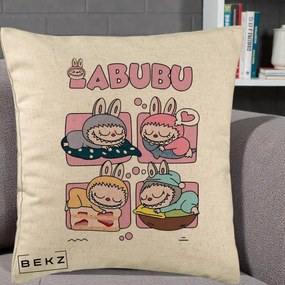 Perna Personalizata Labubu Sleeping Quad Grid, 40x40 cm, Bej, Husa Detasabila, Perna Inclusa, BEKZ®