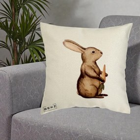 Perna Decorativa Iepuras Acuarela cu Morcov, 40x40 cm, Ecru, Husa Detasabila, Perna Inclusa, BEKZ®