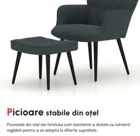 HOMCOM Fotoliu Tapițat pentru Interior cu Brațe și Taburet Integrat, Fotoliu pentru Sufragerie din Țesătură, 73x77.5x98 cm, Gri Închis | Aosom Romania