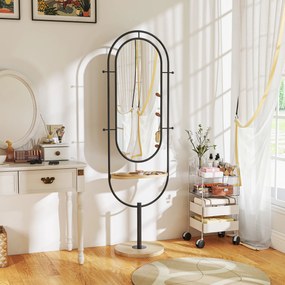 HOMCOM Oglindă de tip stand ovală cu suport de lemn, 4 cârlige și cadru metalic, 50 x 40 x 175,5 cm, negru | Aosom Romania