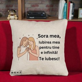 Cadou pentru Sora - Perna Personalizata Sora Mea Te Iubesc Imbratisare cu Sclipiri, 40x40 cm, Bej Canapea, Husa Detasabila, Perna Inclusa, BEKZ®