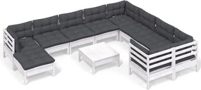 vidaXL Set de șezlonguri de grădină cu perne 11 piese alb lemn de pin