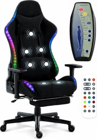 RESIGILAT- Scaun Gaming cu Masaj 7 Puncte și Încălzire, RGB, Iluminare LED Multicolor, Telecomenzi, Cotiere 3D, Reclinare 180°, Suport Picioare, Catifea, Negru