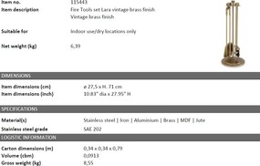 Suport cu set de instrumente pentru semineu Lara alama vintage