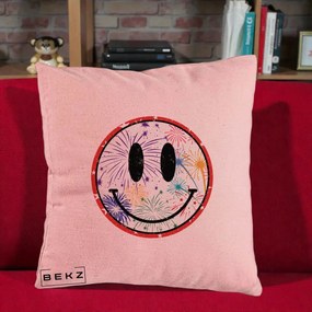 Perna Decorativa Smiley Face cu Artificii Multicolore, 40x40 cm, Roz, Husa Detasabila, Perna Inclusa, BEKZ®